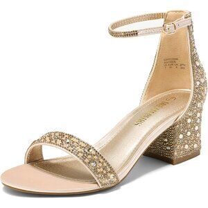 Dream Pairs Women's Gold/Rhinestone Chunky Block Heel Ankle Strap Sandals Shoes